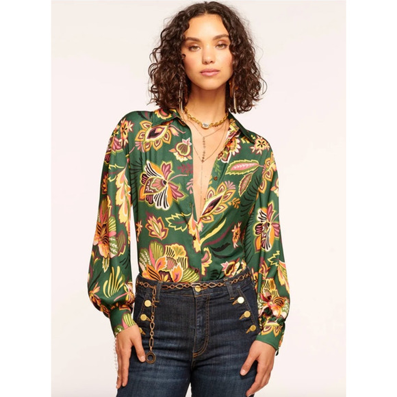 RAMY BROOK Top NEW Size XS Eliza Button Down $325 Green Yellow Tropical - Picture 1 of 6